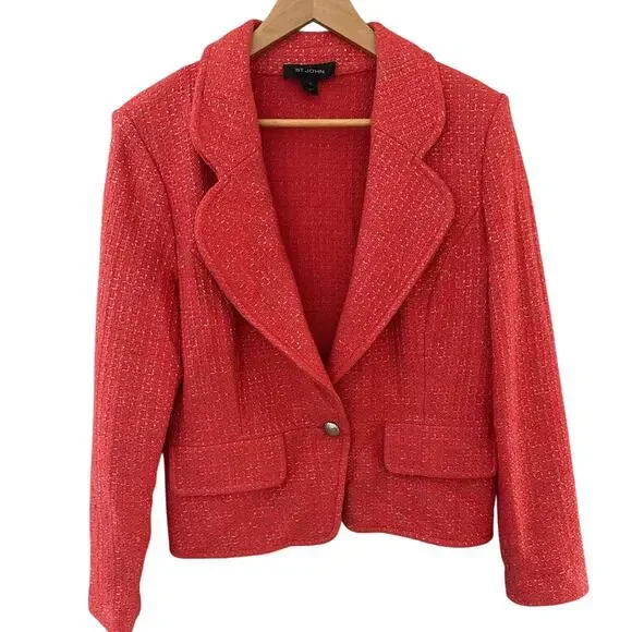 St. John Metallic Single Button Tweed Blazer‎ Coral Size 12